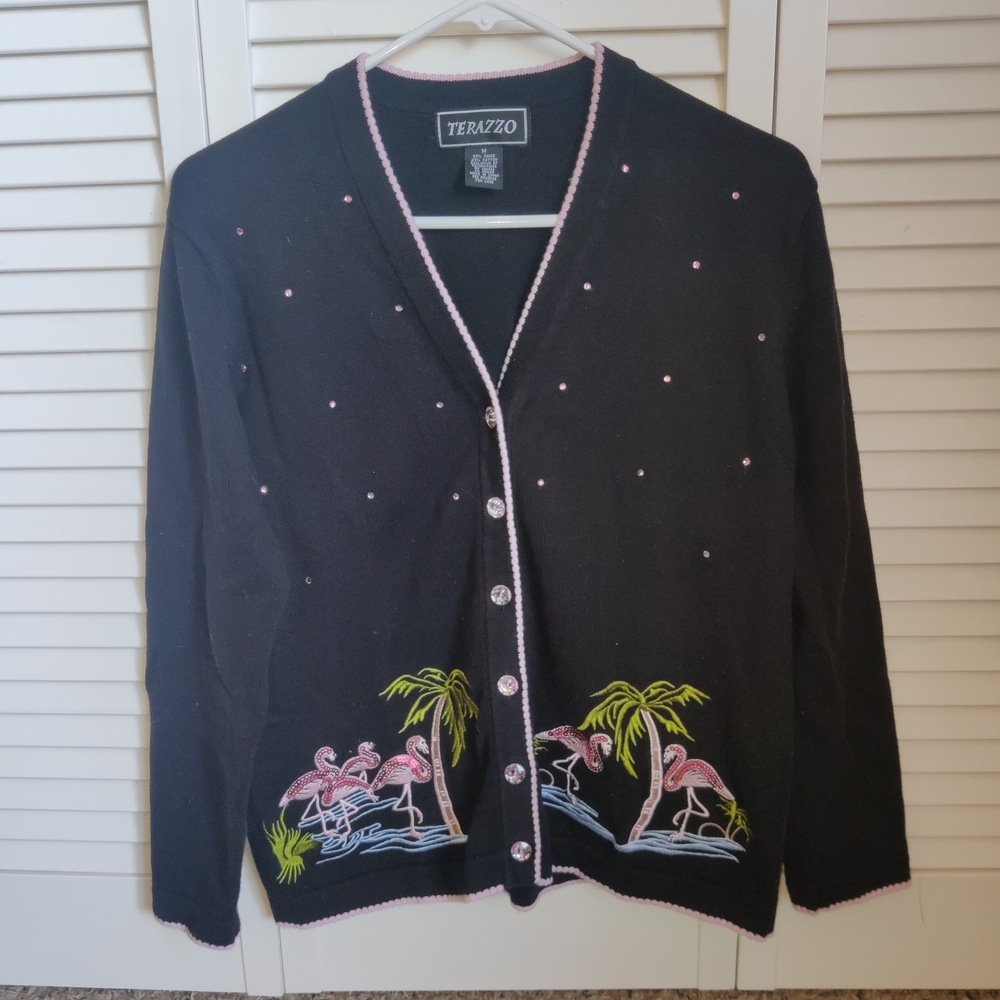 Vintage Terazzo Black Flamingo Palm Tree Embroidered Women's Sweater Size M